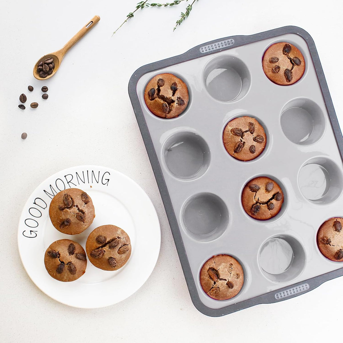 Non-Stick Silicone Muffin Pan with Reinforced Stainless Steel Frame Inside,12 Cup Regular Muffin Baking Mold, 12 Cup Muffin Tin, BPA Free,Dishwasher Safe, Gray