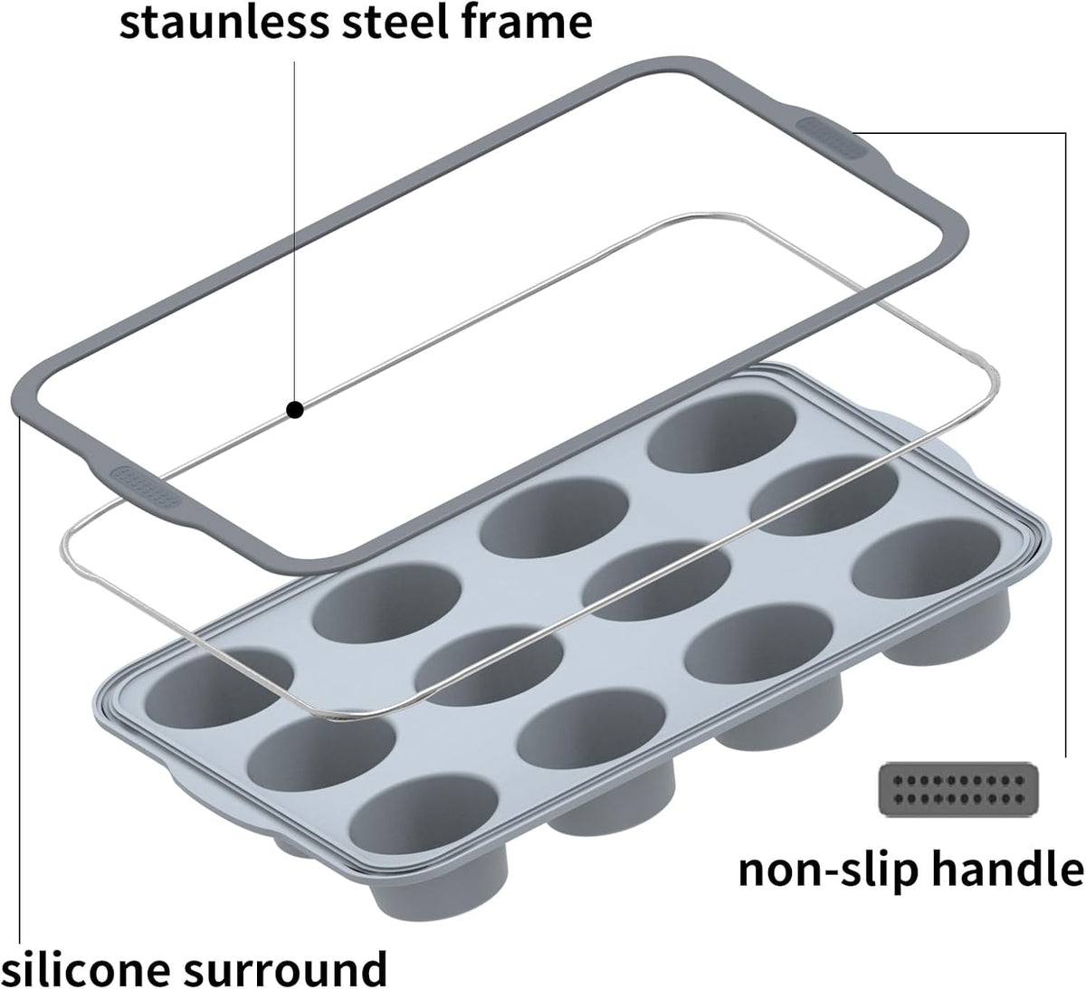 Non-Stick Silicone Muffin Pan with Reinforced Stainless Steel Frame Inside,12 Cup Regular Muffin Baking Mold, 12 Cup Muffin Tin, BPA Free,Dishwasher Safe, Gray