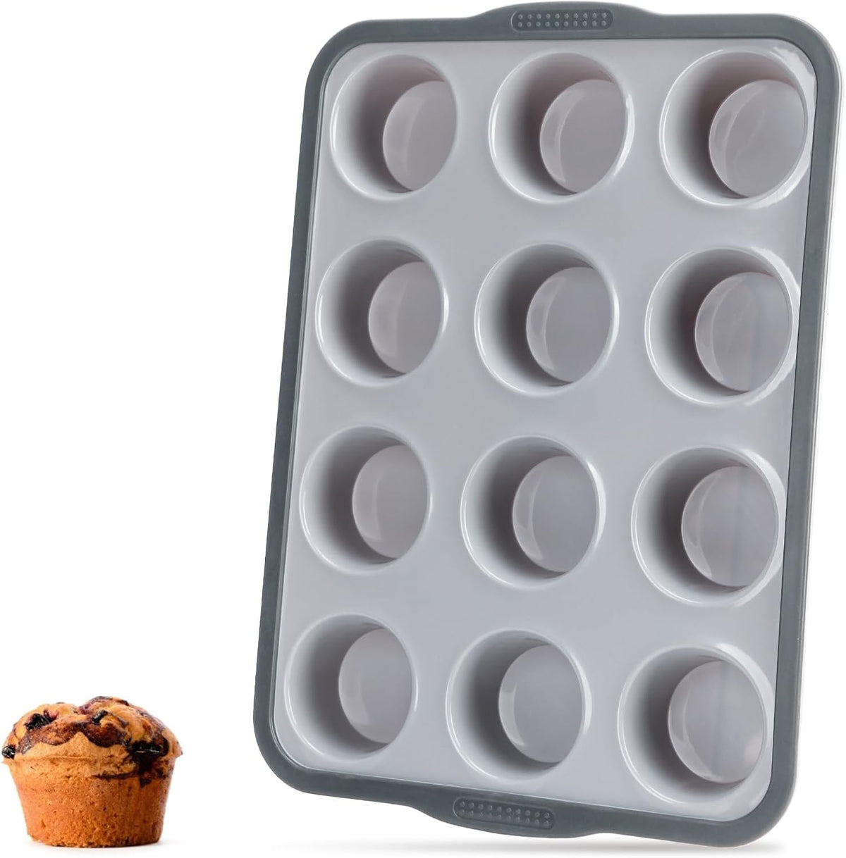 Non-Stick Silicone Muffin Pan with Reinforced Stainless Steel Frame Inside,12 Cup Regular Muffin Baking Mold, 12 Cup Muffin Tin, BPA Free,Dishwasher Safe, Gray