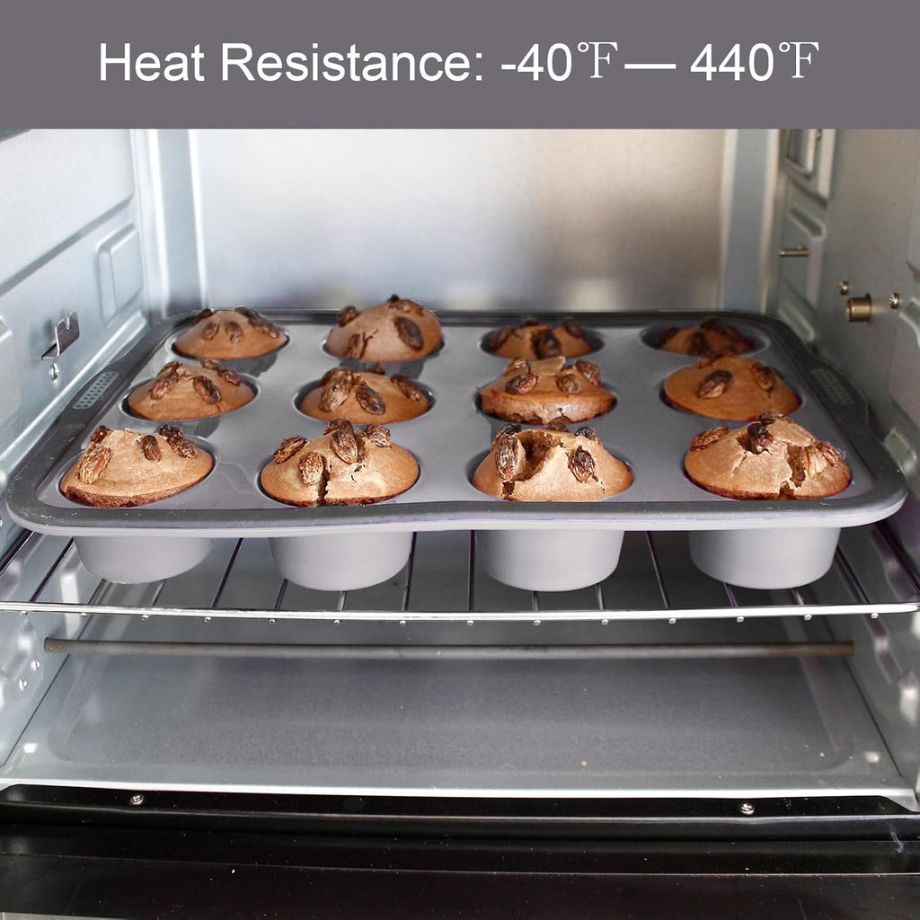 Non-Stick Silicone Muffin Pan with Reinforced Stainless Steel Frame Inside,12 Cup Regular Muffin Baking Mold, 12 Cup Muffin Tin, BPA Free,Dishwasher Safe, Gray