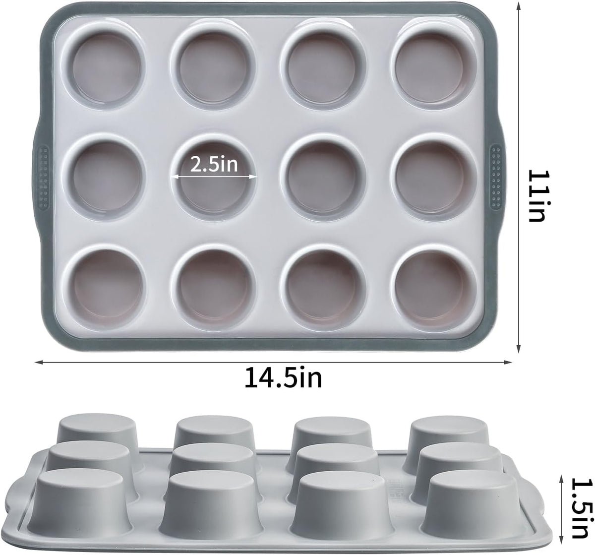 Non-Stick Silicone Muffin Pan with Reinforced Stainless Steel Frame Inside,12 Cup Regular Muffin Baking Mold, 12 Cup Muffin Tin, BPA Free,Dishwasher Safe, Gray