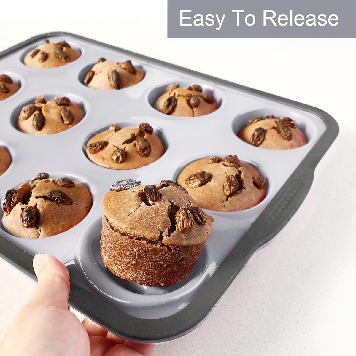 Non-Stick Silicone Muffin Pan with Reinforced Stainless Steel Frame Inside,12 Cup Regular Muffin Baking Mold, 12 Cup Muffin Tin, BPA Free,Dishwasher Safe, Gray